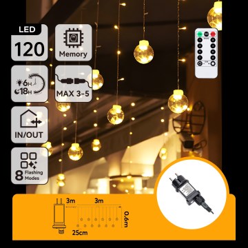 Aigostar - LED vonkajšia vianočná reťaz 120xLED/8 funkcií 3x0,6m IP44 teplá biela + diaľkové ovládanie