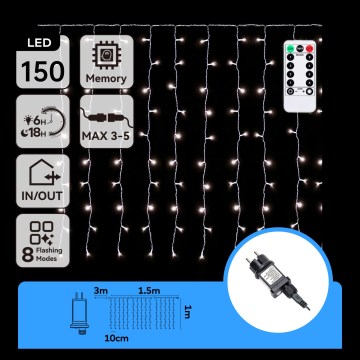 Aigostar - LED vonkajšia vianočná reťaz 150xLED/6W/230V/8 funkcií 1,5x1m IP44 studená biela + diaľkové ovládanie