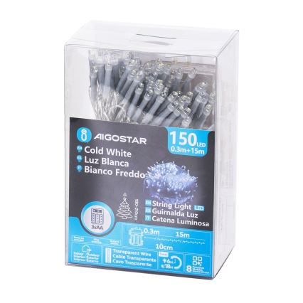 Aigostar - LED Vonkajšia vianočná reťaz 150xLED/8 funkcií 15,3m IP44 studená biela