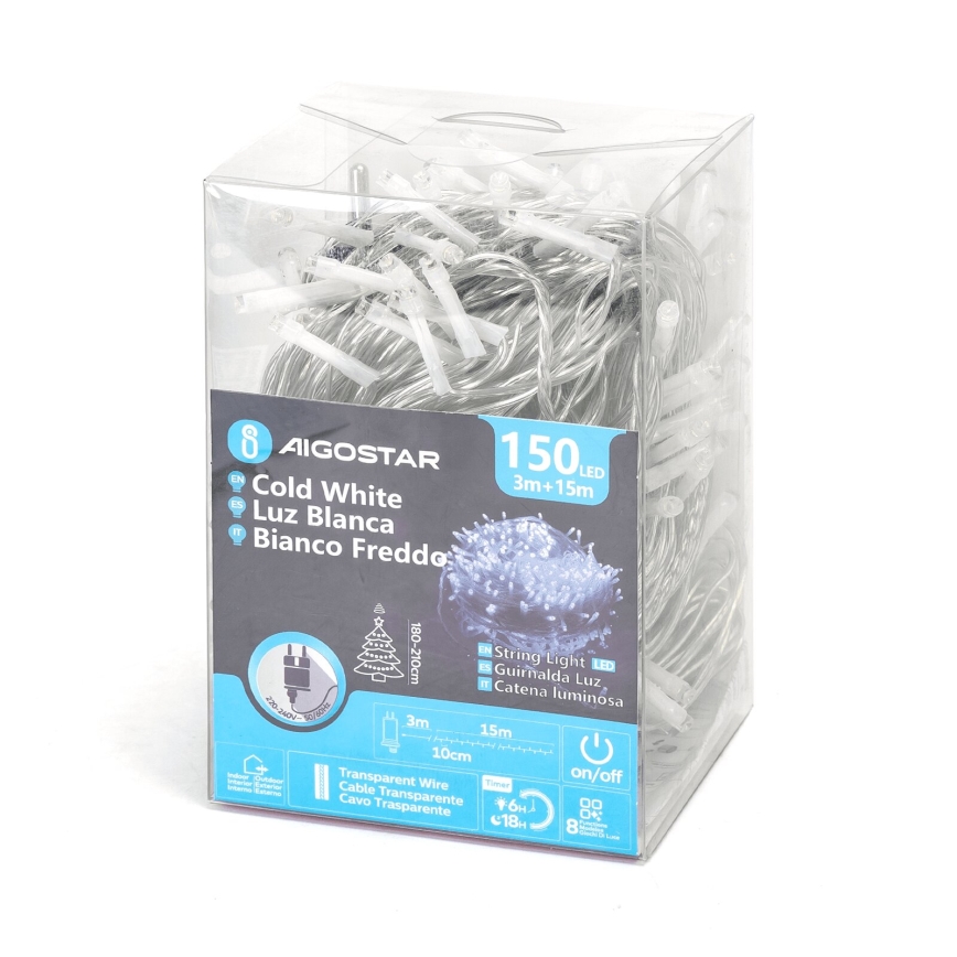 Aigostar - LED Vonkajšia vianočná reťaz 150xLED/8 funkcií 18m IP44 studená biela