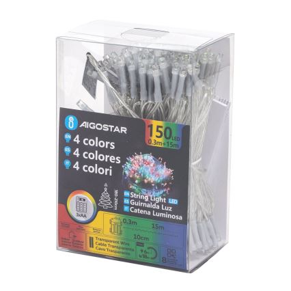 Aigostar -LED Vonkajšia vianočná reťaz 150xLED/8 funkcií 3xAA 15,3m IP44 multicolor