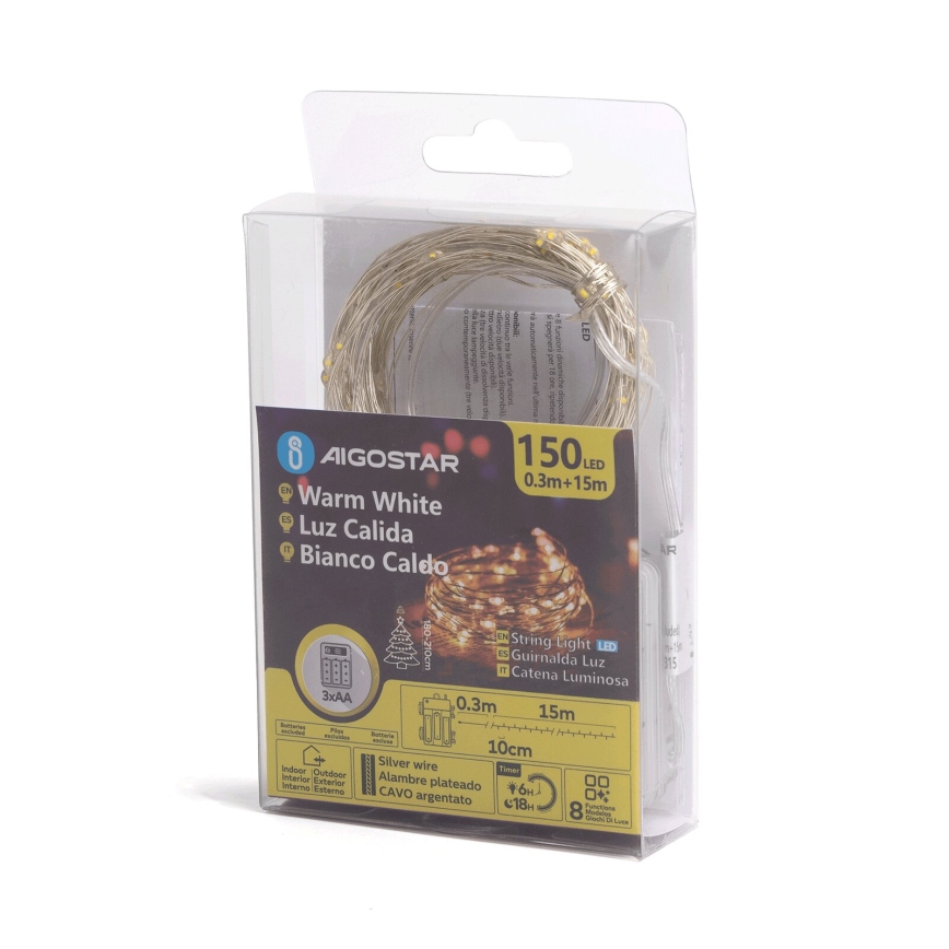 Aigostar -LED Vonkajšia vianočná reťaz 150xLED/8 funkcií 3xAA 15,3m IP44 teplá biela