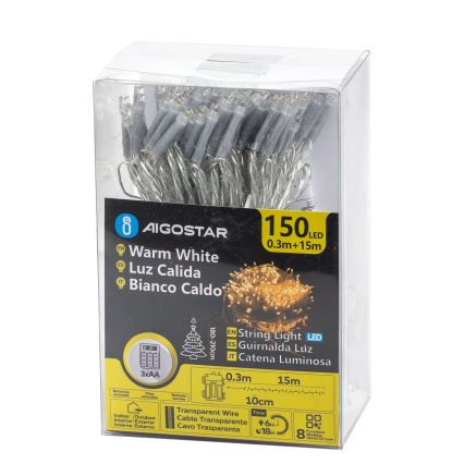 Aigostar -LED Vonkajšia vianočná reťaz 150xLED/8 funkcií 3xAA 15,3m IP44 teplá biela