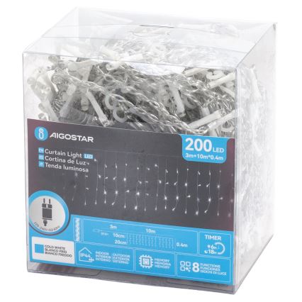 Aigostar - LED vonkajšia svetelná reťaz 200xLED/3,6W/230V/8 funkcií 10x0,4m IP44 studená biela