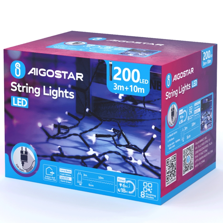 Aigostar - LED Vonkajšia vianočná reťaz 200xLED/8 funkcií 13m IP44 studená biela