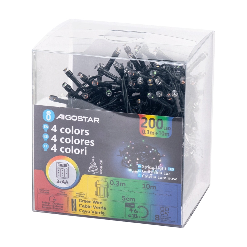 Aigostar -LED Vonkajšia vianočná reťaz 200xLED/8 funkcií 3xAA 10,3m IP44 multicolor