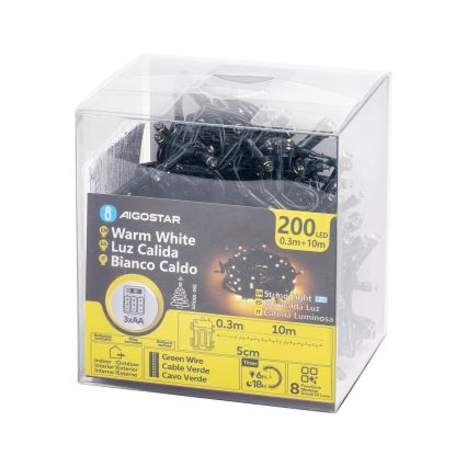 Aigostar - LED Vonkajšia vianočná reťaz 200xLED/8 funkcií 3xAA 10,3m IP44 teplá biela