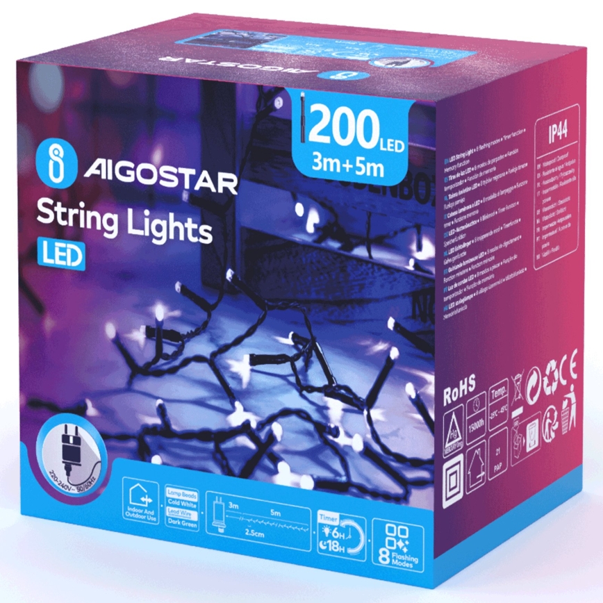Aigostar - LED vonkajšia vianočná reťaz 200xLED/8 funkcií 8m IP44 studená biela