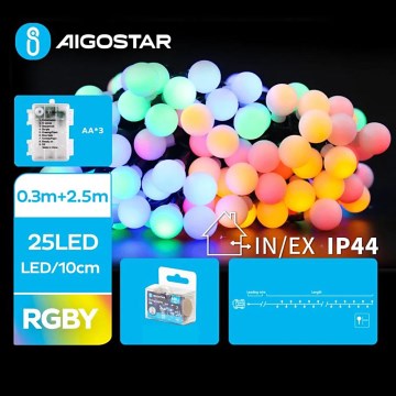 Aigostar - LED vonkajšia vianočná reťaz 25xLED/3xAA/8 funkcií 2,8 m IP44 viacfarebná