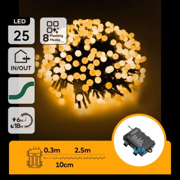 Aigostar - LED vonkajšia vianočná reťaz 25xLED/8 funkcií 3xAA 2,8m IP44 teplá biela