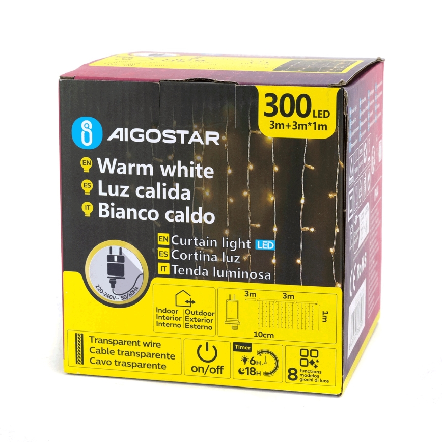 Aigostar - LED vonkajšia vianočná reťaz 300xLED/8 funkcií 3x1m IP44 teplá biela + diaľkové ovládanie