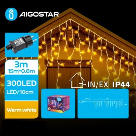 Aigostar - LED Vonkajšia vianočná reťaz 300xLED/8 funkcií 18x0,6m IP44 teplá biela