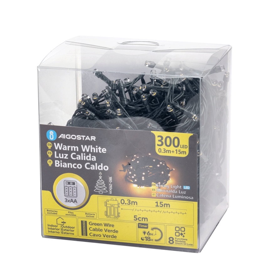 Aigostar-LED Vonkajšia vianočná reťaz 300xLED/8 funkcií 3xAA 15,3m IP44 teplá biela