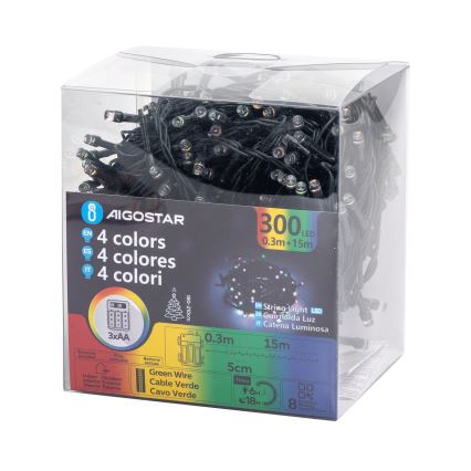 Aigostar -LED vonkajšia vianočná reťaz 300xLED/8 funkcií 3xAA 15,3m IP44 viacfarebná
