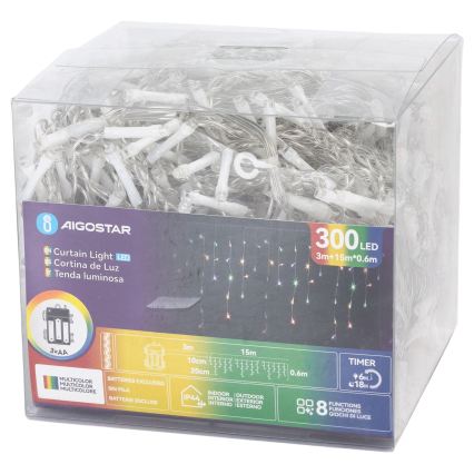Aigostar - LED vonkajšia vianočná reťaz 300xLED/8 režimov 3xAA 18x0,6 m IP44 viacfarebná