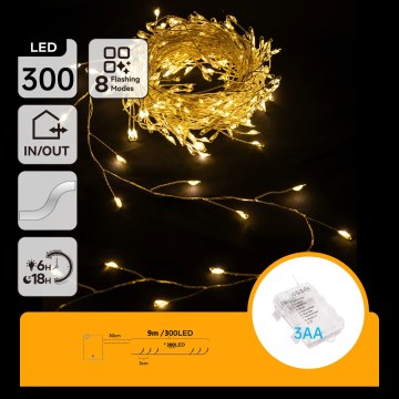 Aigostar - LED vonkajšia vianočná reťaz 300xLED/8 funkcií 3xAA 9,3m IP44 teplá biela