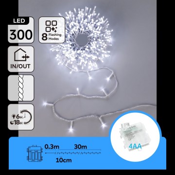 Aigostar - LED vonkajšia vianočná reťaz 300xLED/8 funkcií 4xAA 30m IP44 studená biela