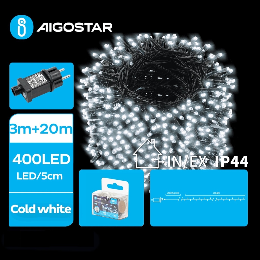 Aigostar - LED Vonkajšia vianočná reťaz 400xLED/8 funkcií 23m IP44 studená biela