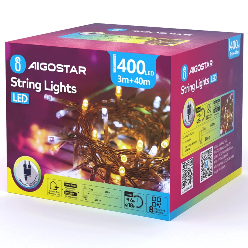 Aigostar - LED Vonkajší vianočný svetelný reťazec 400xLED/8 funkcií 43m IP44 teplá biela/studená biela