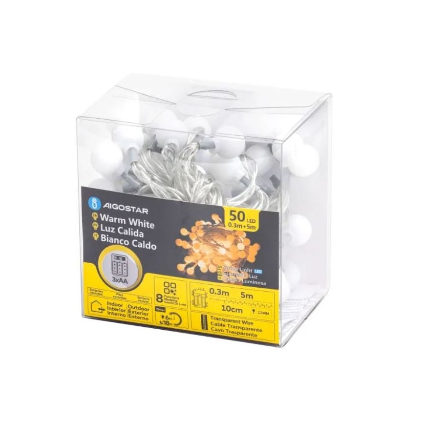 Aigostar - LED Vonkajšia vianočná reťaz 50xLED/3xAA/8 funkcií 5,3 m IP44 teplá biela