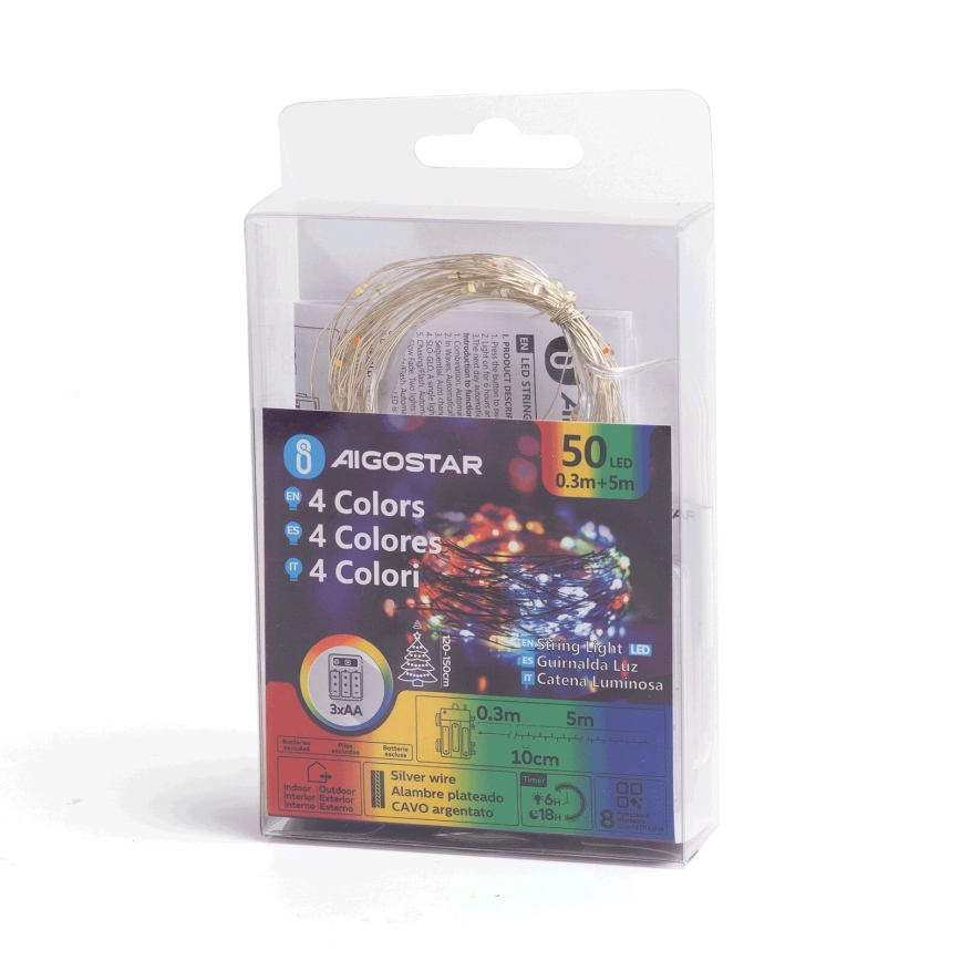 Aigostar - LED Vonkajšia vianočná reťaz 50xLED/8 funkcií 3xAA 5,3m IP44 multicolor