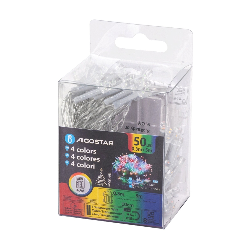 Aigostar - LED Vonkajšia vianočná reťaz 50xLED/8 funkcií 3xAA 5,3m IP44 multicolor