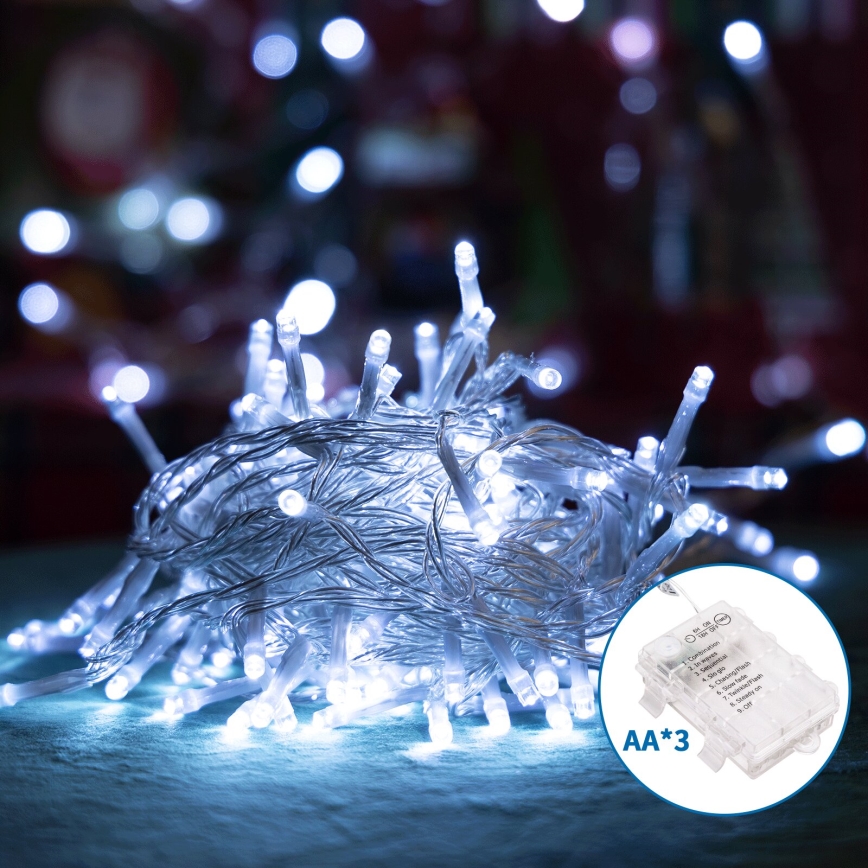 Aigostar -LED Vonkajšia vianočná reťaz 50xLED/8 funkcií 3xAA 5,3m IP44 studená biela