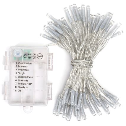 Aigostar -LED Vonkajšia vianočná reťaz 50xLED/8 funkcií 3xAA 5,3m IP44 studená biela