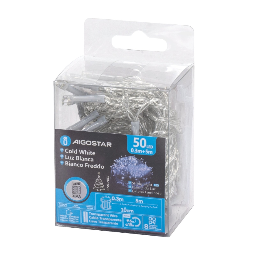 Aigostar -LED Vonkajšia vianočná reťaz 50xLED/8 funkcií 3xAA 5,3m IP44 studená biela