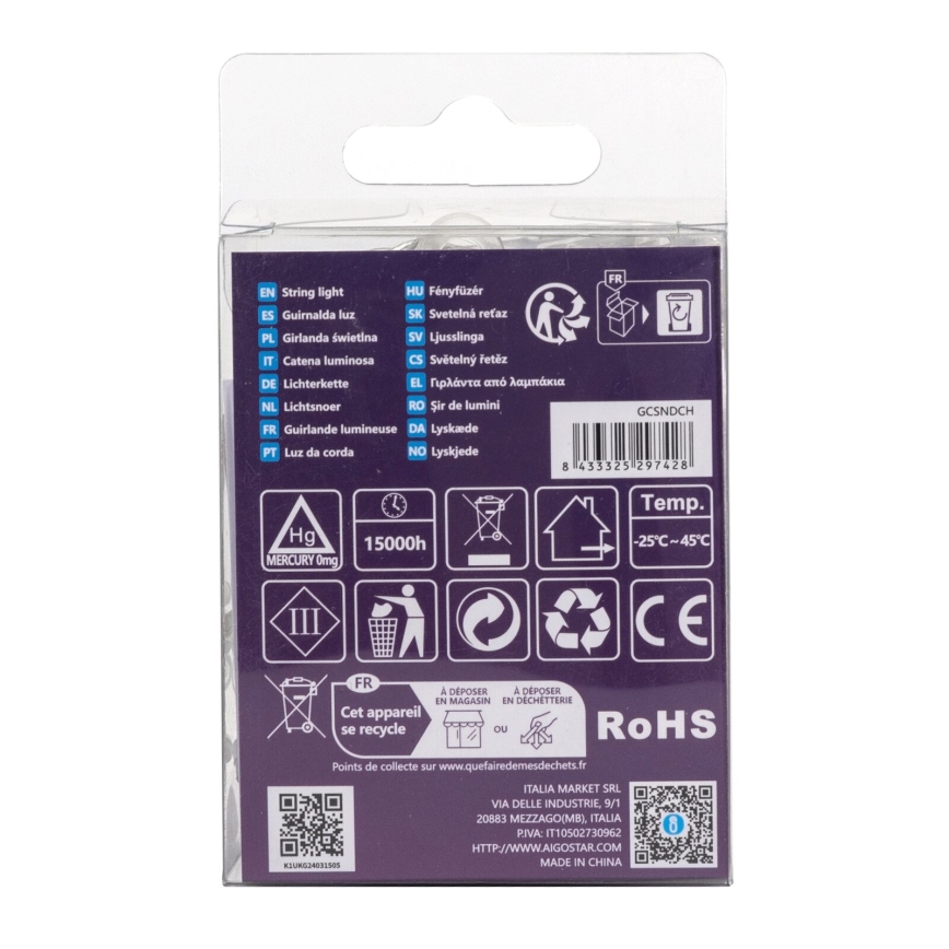 Aigostar -LED Vonkajšia vianočná reťaz 50xLED/8 funkcií 3xAA 5,3m IP44 studená biela