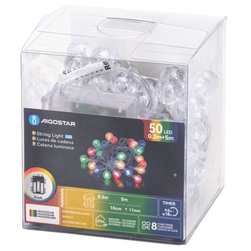 Aigostar - LED vonkajšia vianočná reťaz 50xLED/8 funkcií 3xAA 5,3m IP44 viacfarebná