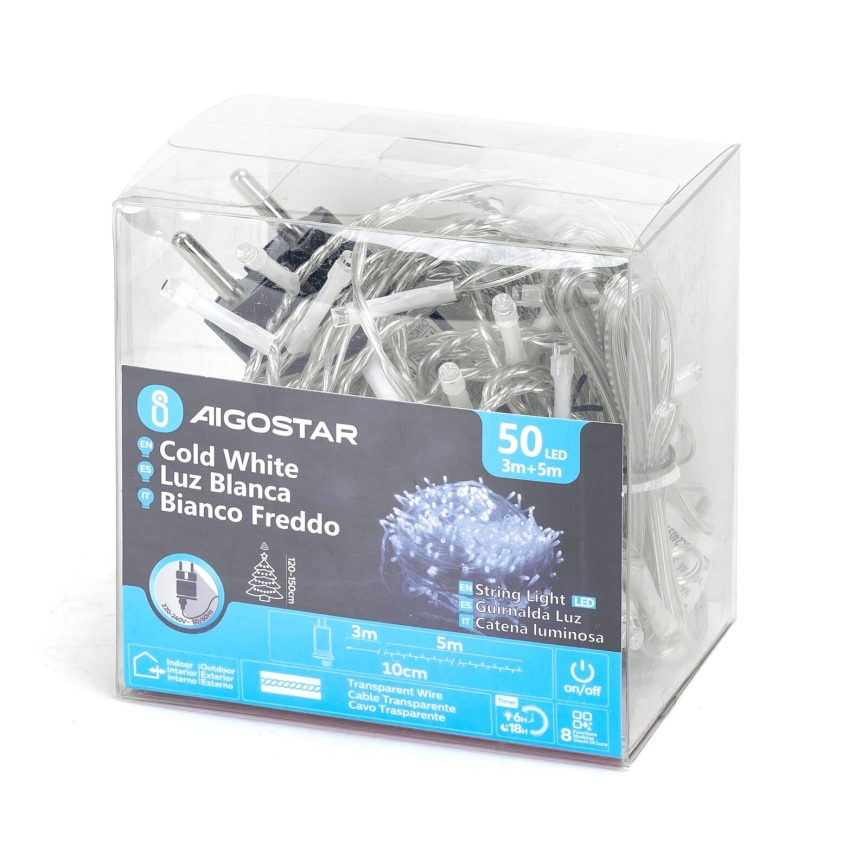 Aigostar - LED Vonkajšia vianočná reťaz 50xLED/8 funkcií 8m IP44 studená biela
