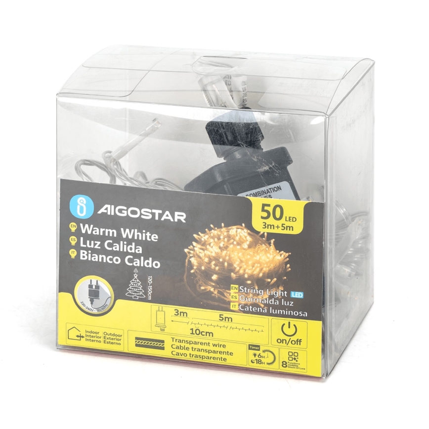 Aigostar - LED Vonkajšia vianočná reťaz 50xLED/8 funkcií 8m IP44 teplá biela