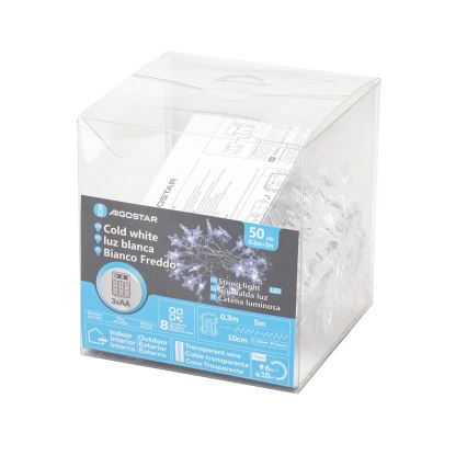 Aigostar - LED vonkajšia vianočná reťaz 50xLED/8 režimov 3xAA 5 m IP44 studená biela