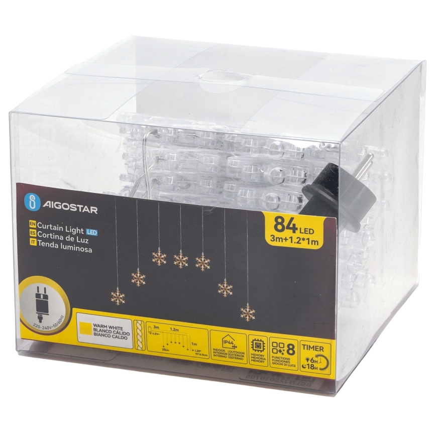 Aigostar - LED vonkajšia vianočná reťaz 84xLED/8 funkcií 1,2x1m IP44 teplá biela vločky