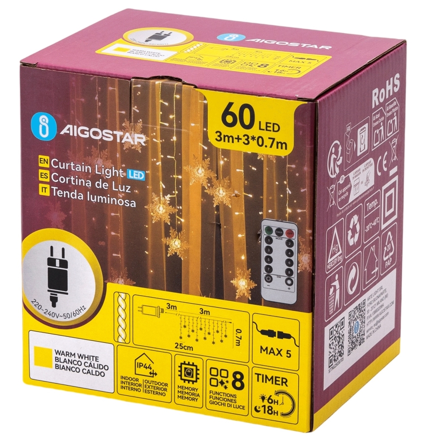 Aigostar - LED Vonkajší vianočný reťaz 120xLED/8 funkcií 3x0,7m IP44 teplá biela + diaľkové ovládanie