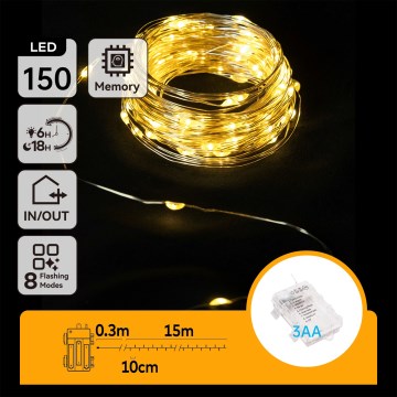 Aigostar -LED Vonkajšia vianočná svetelná reťaz 150xLED/8 funkcií 3xAA 15,3m IP44 teplá biela