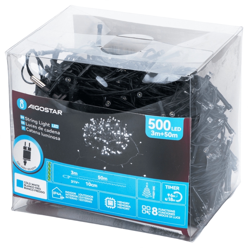Aigostar - LED vonkajšia vianočná svetelná reťaz 500xLED/8 funkcií 53m IP44 studená biela