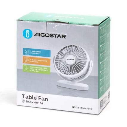 Aigostar - Nabíjací stolný ventilátor 4W/5V 1500mAh biely