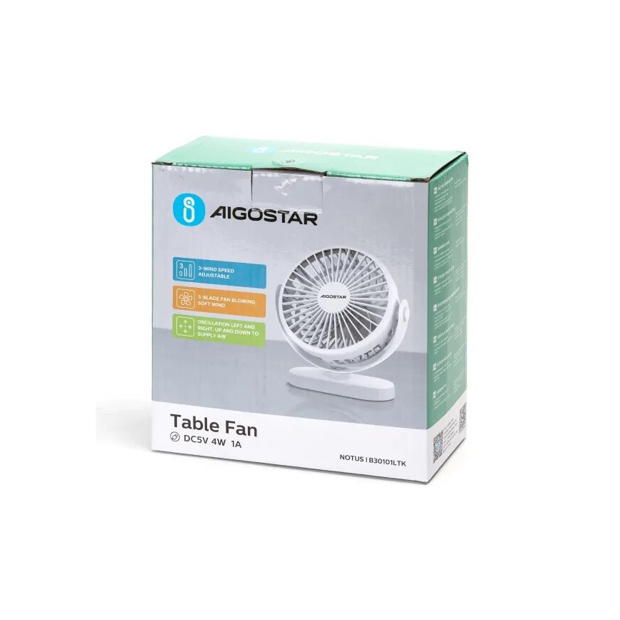Aigostar - Nabíjací stolný ventilátor 4W/5V 1500mAh biely