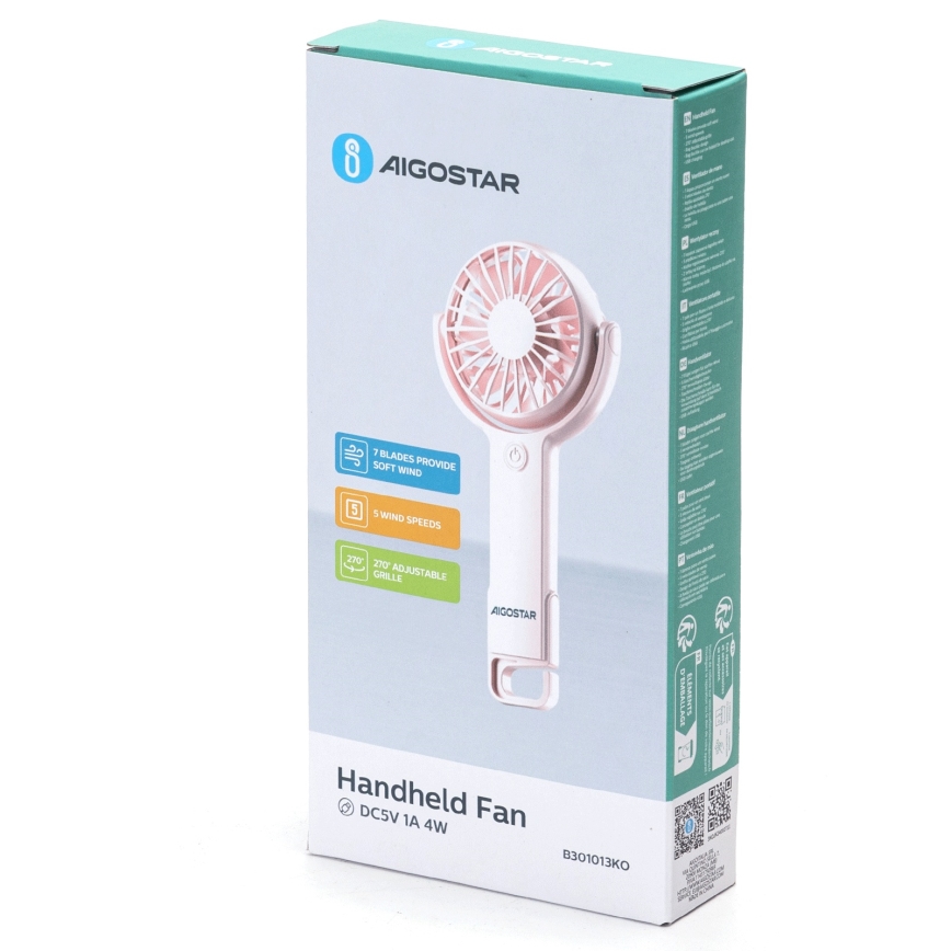 Aigostar - Nabíjací vreckový ventilátor 4,5W/3,7V 1200mAh USB ružová
