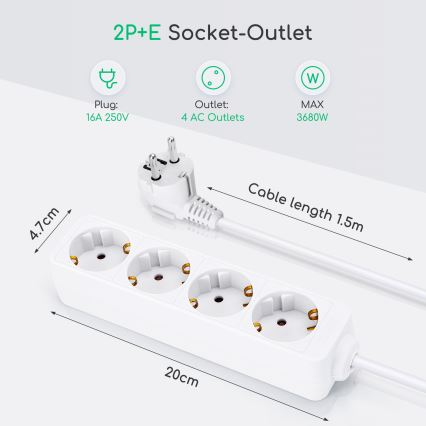 Aigostar - Predlžovací kábel 4Z Typ F 1,5m biela SCHUKO
