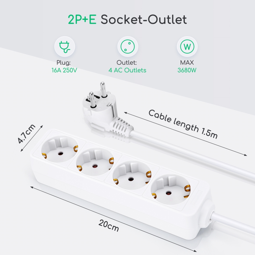 Aigostar - Predlžovací kábel 4Z Typ F 1,5m biela SCHUKO