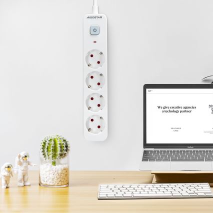 Aigostar - Predlžovací kábel s vypínačom 4Z Typ F 1,5 m SCHUKO biela