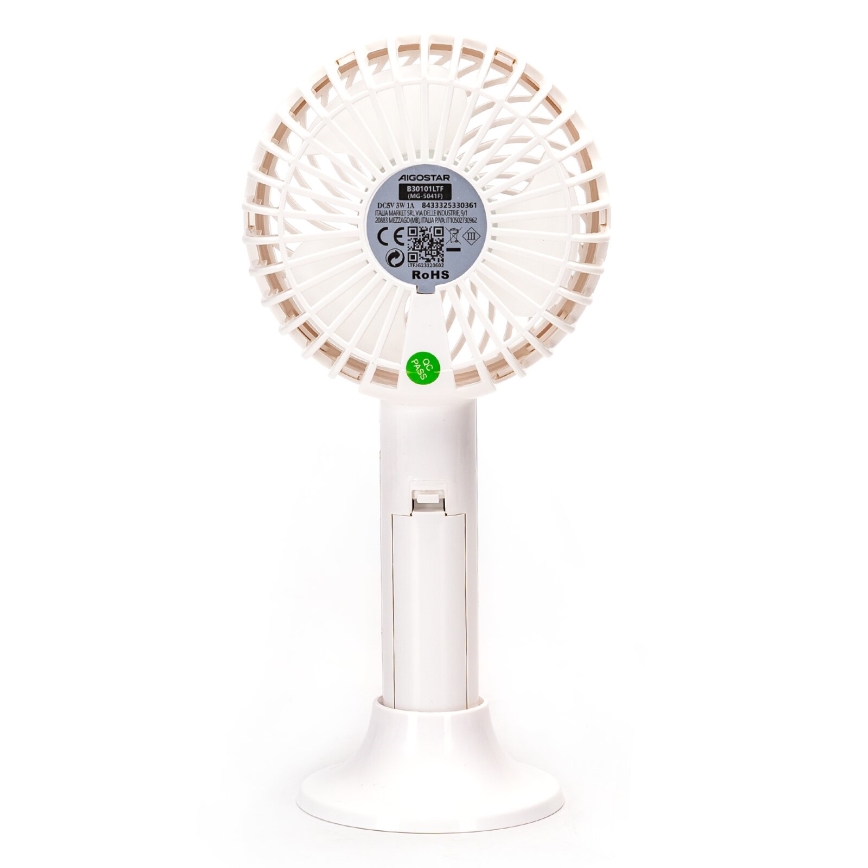 Aigostar - Prenosný nabíjací ventilátor 3W/5V 1500mAh USB biely