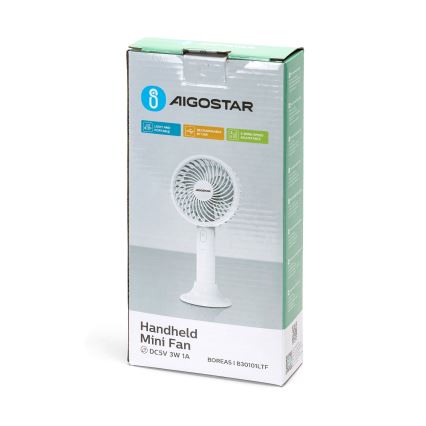 Aigostar - Prenosný nabíjací ventilátor 3W/5V 1500mAh USB biely