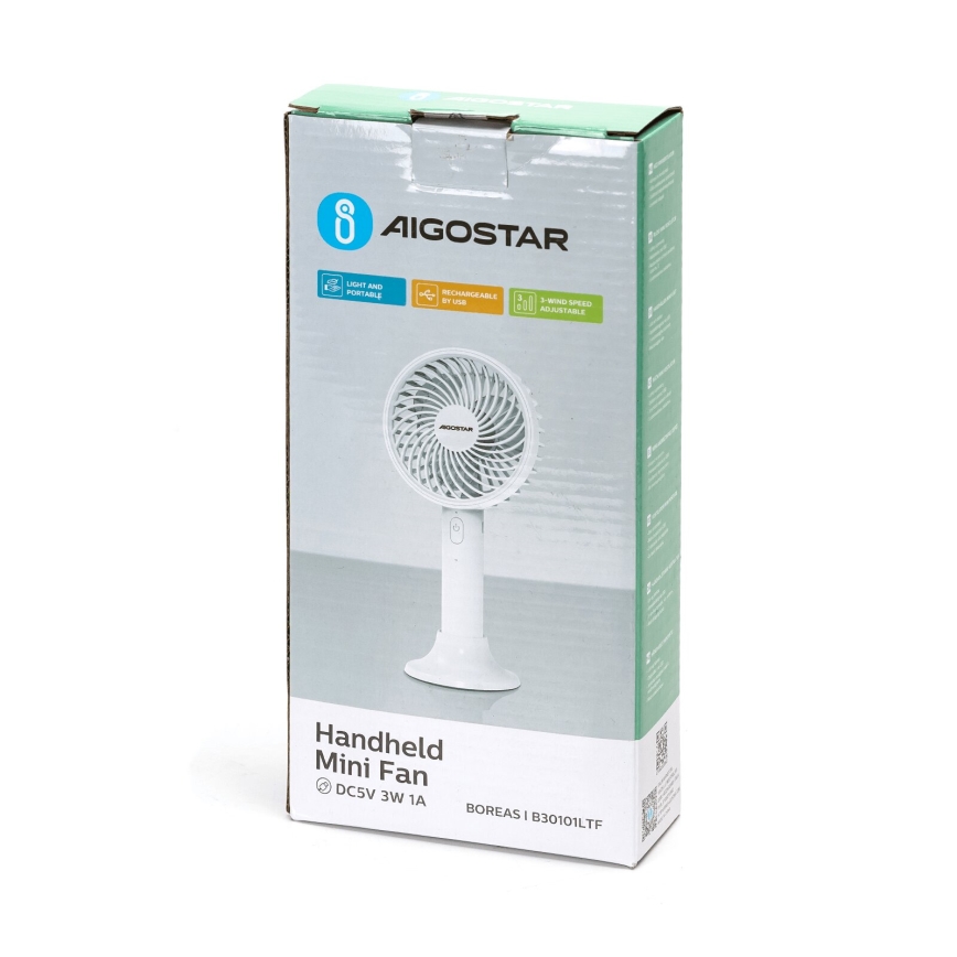 Aigostar - Prenosný nabíjací ventilátor 3W/5V 1500mAh USB biely