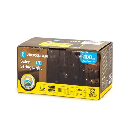 Aigostar - LED solárny reťazec 100xLED/8 funkcií 4x1m IP65 teplá biela 800 mAh