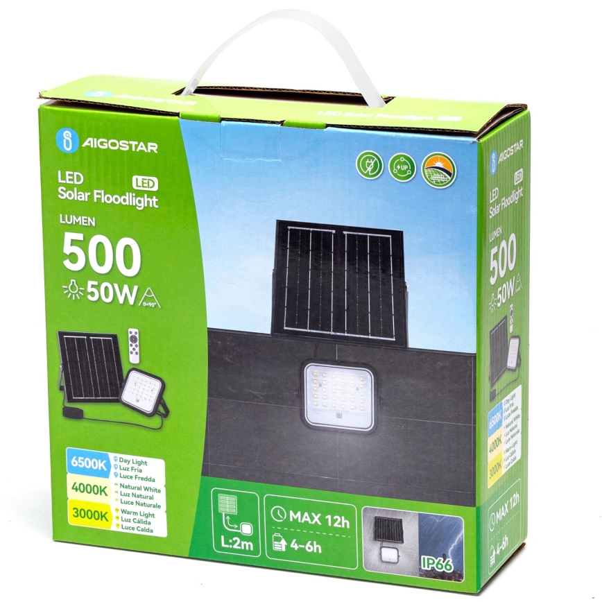 Aigostar - LED stmievateľný solárny reflektor LED/50W/3,4V 3000/4000/6500K IP66 4000 mAh + diaľkové ovládanie