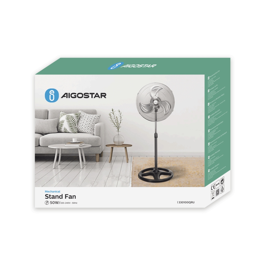 Aigostar - Stojanový ventilátor 50W/230V lesklý chróm/čierna